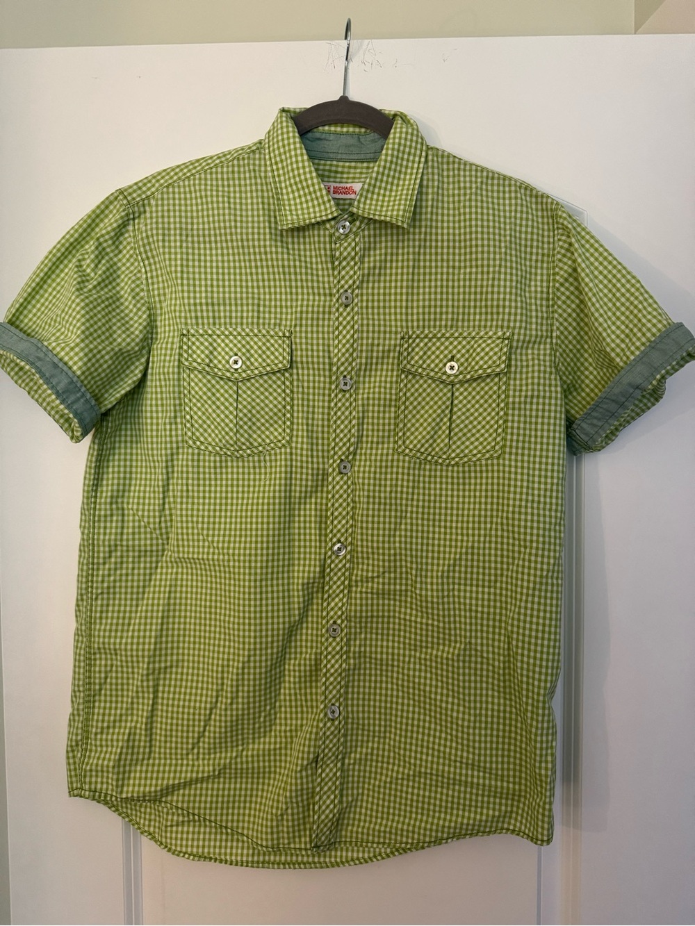 Michael Brandon Short Sleeve Green Gingham Button-Down Shirt